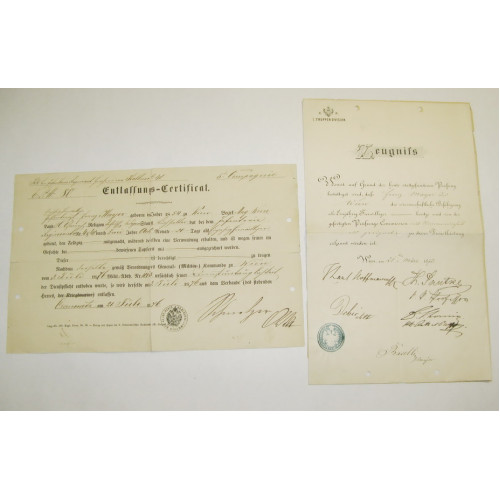Zeugnis und Entlassungs -Certifikat einjährig Freiwilliger 1872