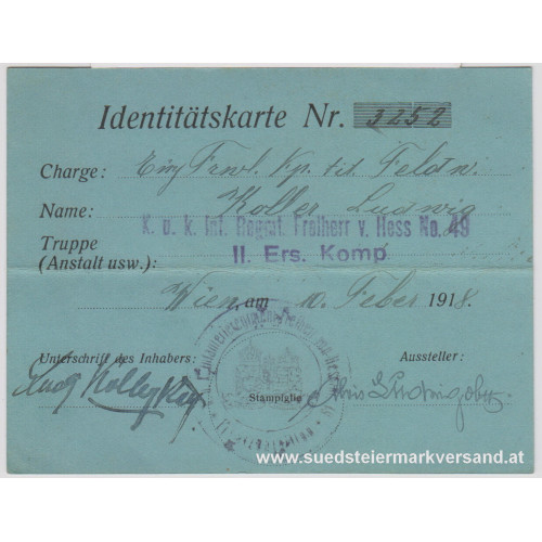 Identitätskarte k. u. k. Inf. Regmt. Freiherr von Hess Nr. 49 II. Ers. Komp.