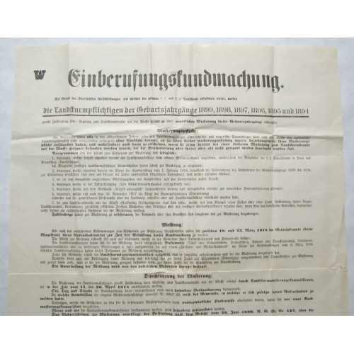 Einberufungskundmachung, die Landssturmpflichtigen der Geburtsjahre Jahrgänge 1894 bis 1899 Gmünd am 15. März 1918