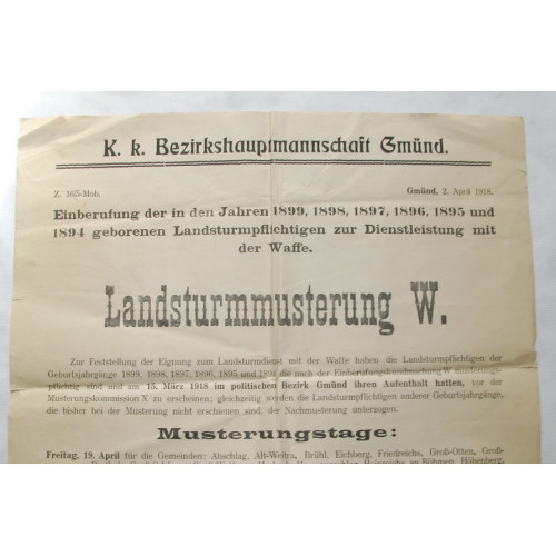 k.k. Bezirkshauptmannschaft Gmünd Landsturmmusterung W Gmünd am 2. April 1918