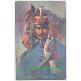 I. Weltkrieg Postkarte, Österreichisch - ungarischer Soldat, Honvedhusaren Korporal, Roter Teufel 