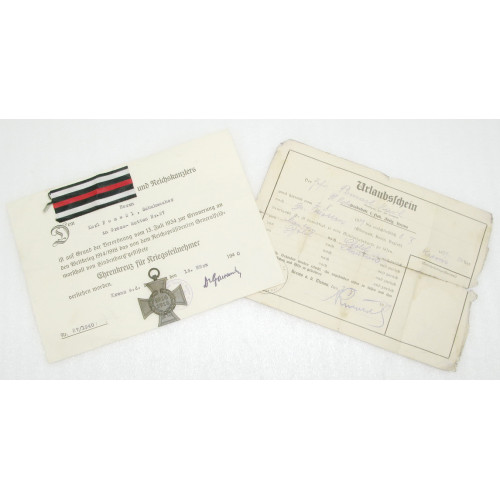 Ehrenkreuz für Kriegsteilnehmer 1914/18 mit Urkunde u. Urlaubsschein