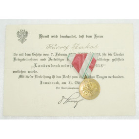 Erinnerungsmedaille für die Landesverteidigung von Tirol 1914-1918 mit Urkunde