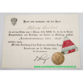 Erinnerungsmedaille für die Landesverteidigung von Tirol 1914-1918 mit Urkunde